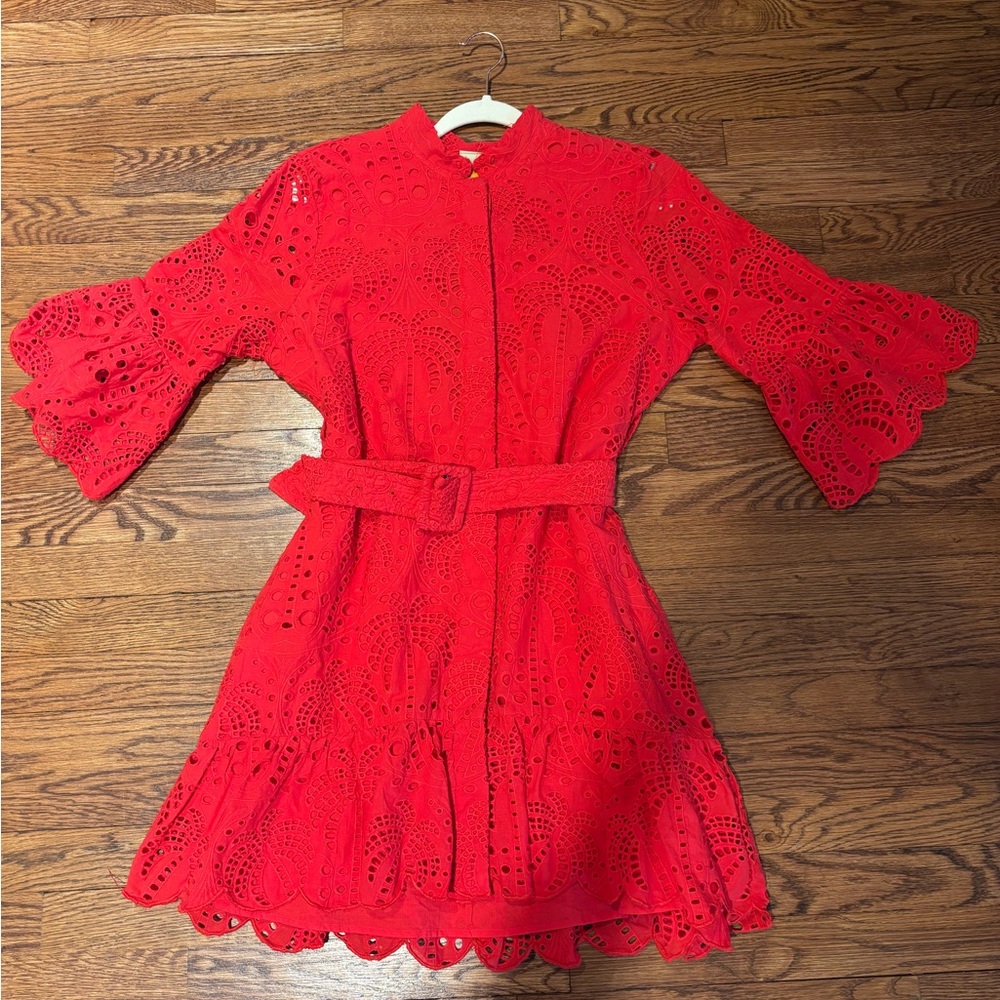 FARM Rio Red Lace/Eyelet Mini Dress